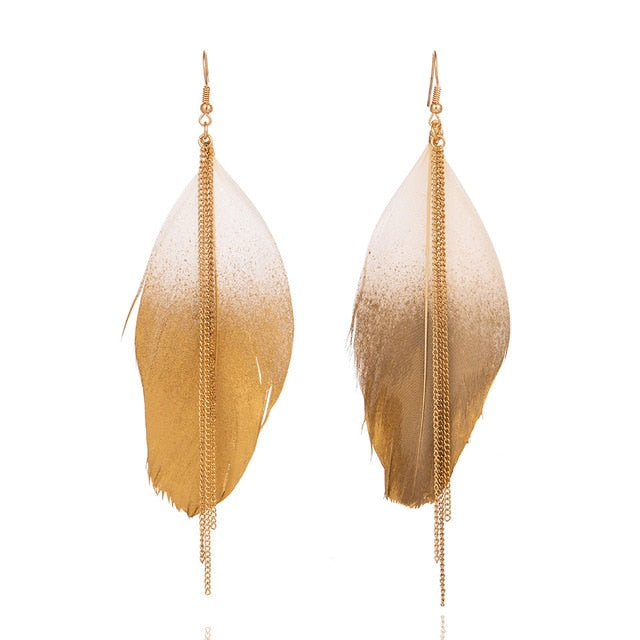 Gold Tipped Tassel Feather Earrings