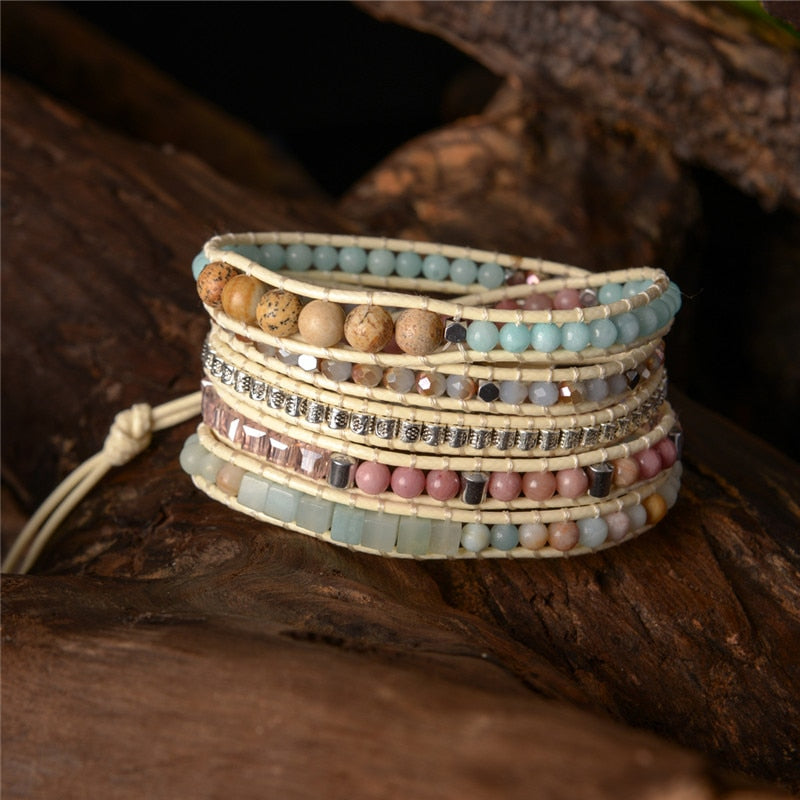 Natural Stone and Bead Handmade 5 Strand Wrap Bracelet
