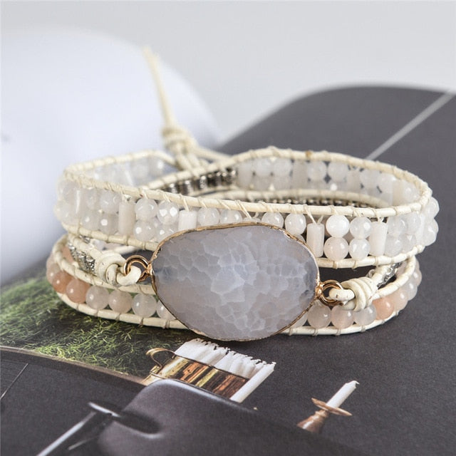 Vintage Leather Bracelets Natural Stone 3 Strands Wrap Bracelet