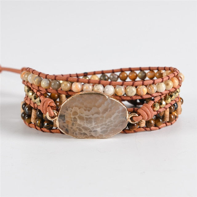 Vintage Leather Bracelets Natural Stone 3 Strands Wrap Bracelet